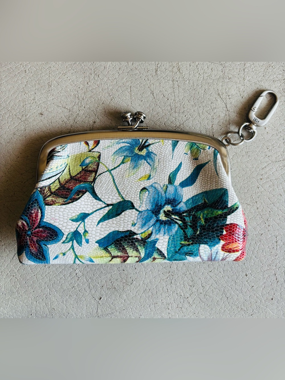 HOBO International Floral Kiss-lock Wallet in White with Blue, Green, Red Accent